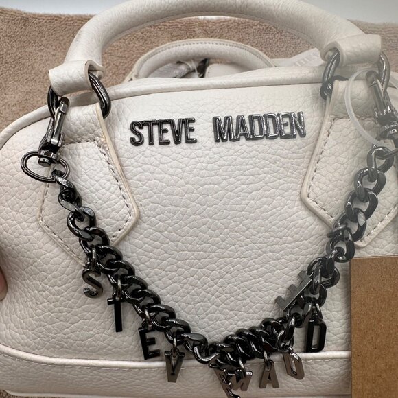 Steve Madden White Mini Barrel Satchel Bag With Chain Accent Adjustable Strap